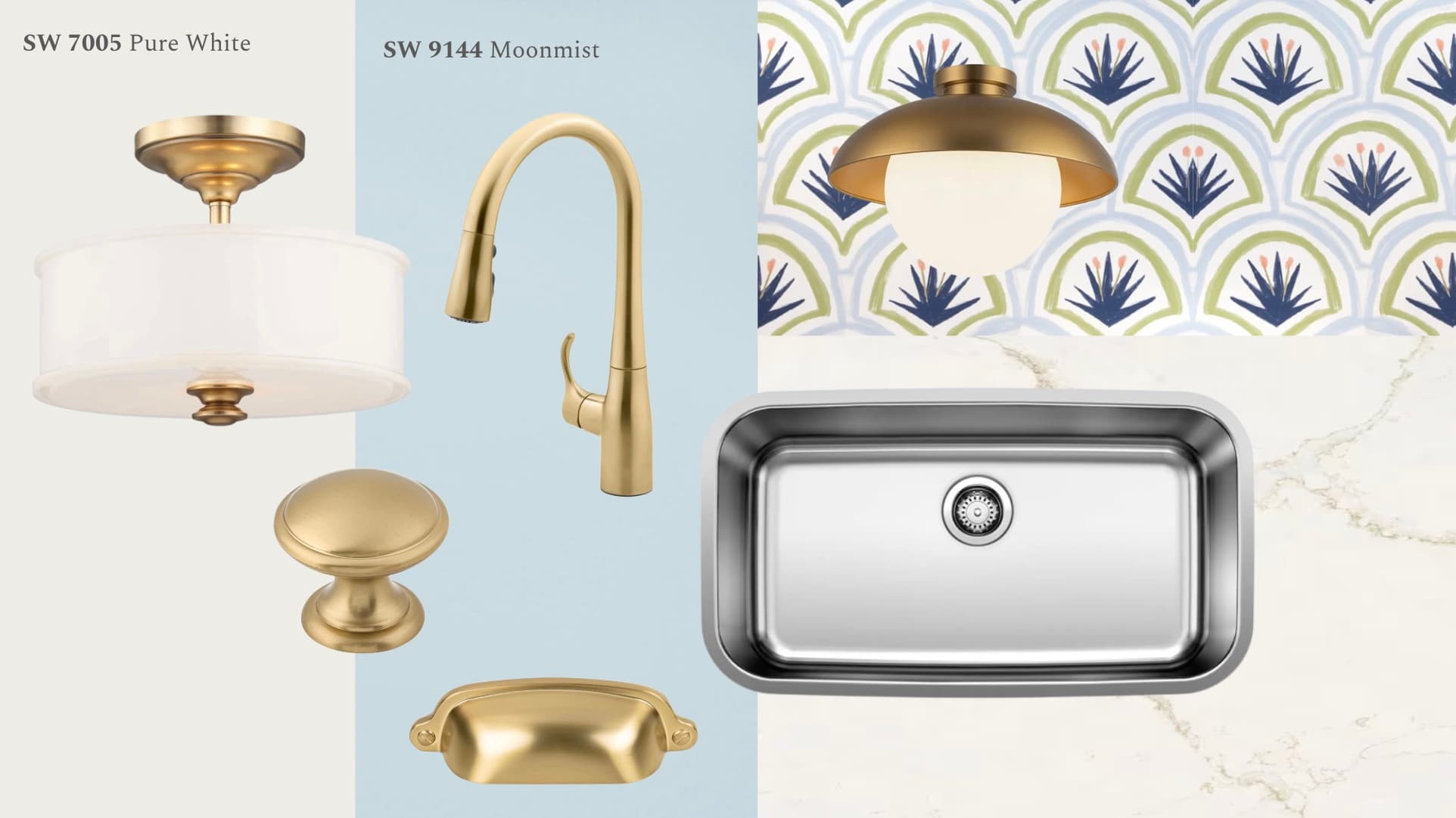 Materials board with paint chips, brass fixtures, and wallpaper